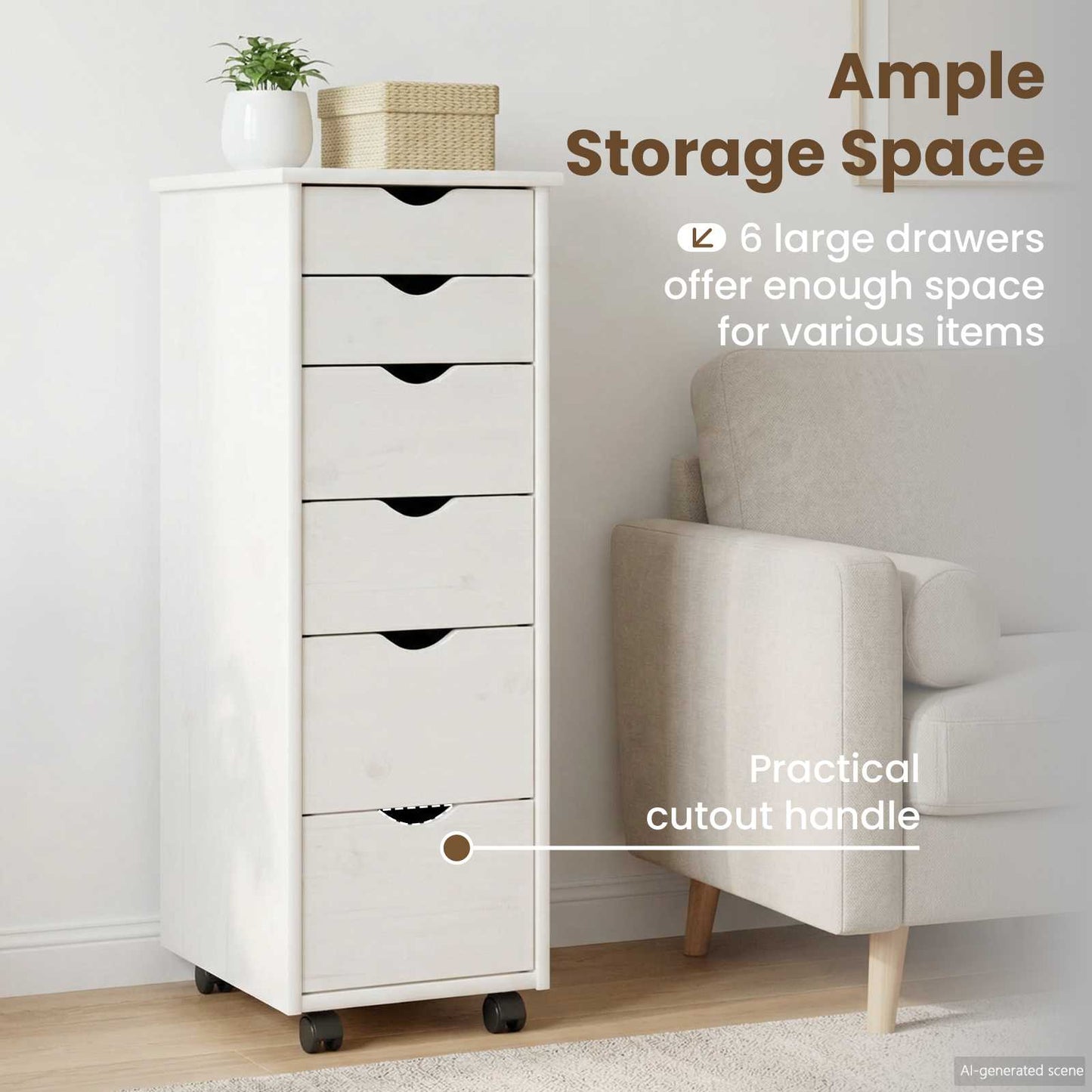 Rolling Cabinet White 34 x 39 x 93.5 cm Solid Pine Wood