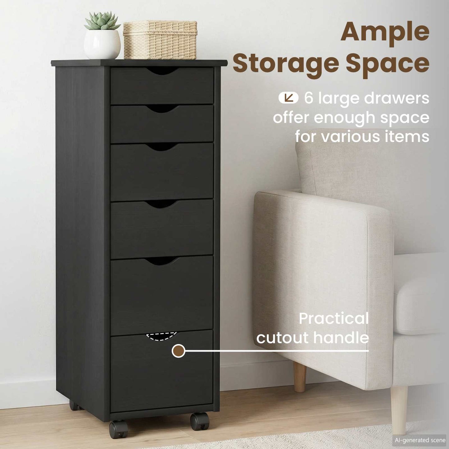 Rolling Cabinet Black 34 x 39 x 93.5 cm Solid Pine Wood