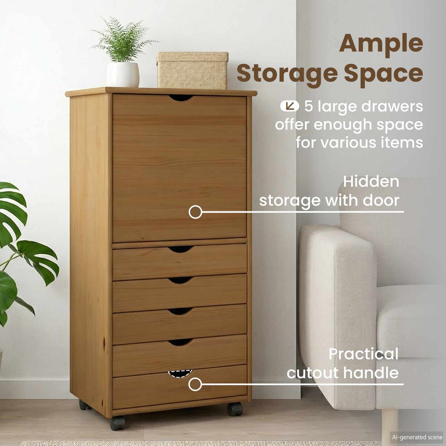 Rolling Cabinet Honey Brown 53 x 39 x 103 cm Solid Pine Wood