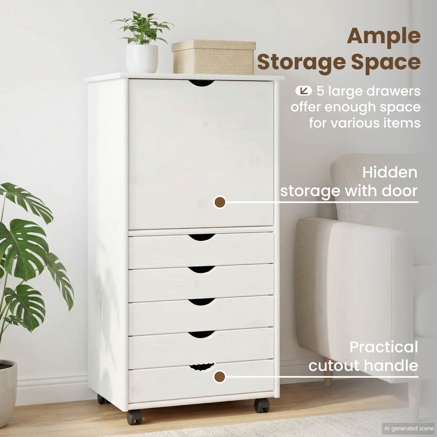 Rolling Cabinet White 53 x 39 x 103 cm Solid Pine Wood