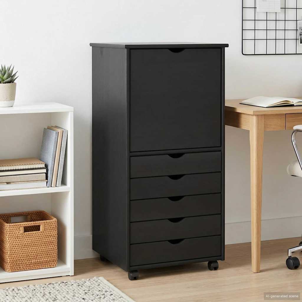 Rolling Cabinet 53 x 39 x 103 cm Solid Pine Wood Black