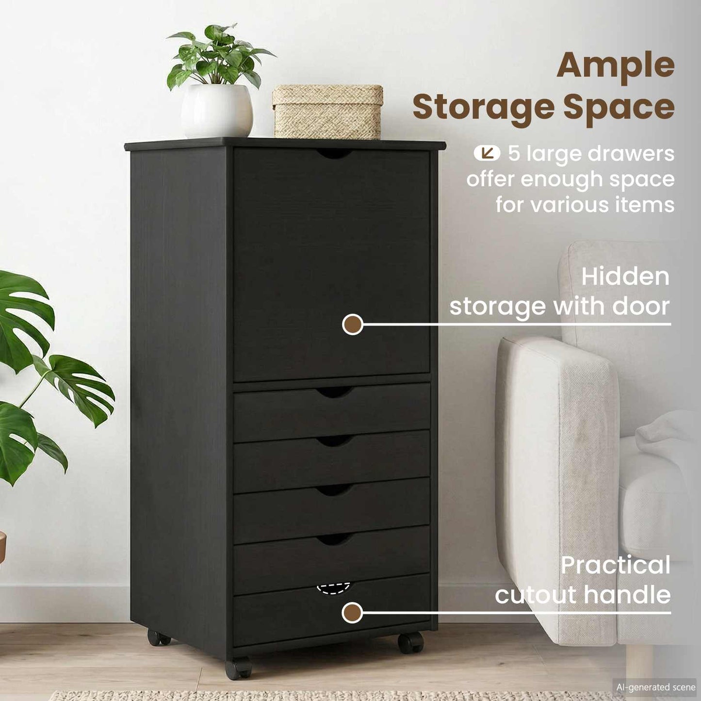 Rolling Cabinet Black 53 x 39 x 103 cm Solid Pine Wood