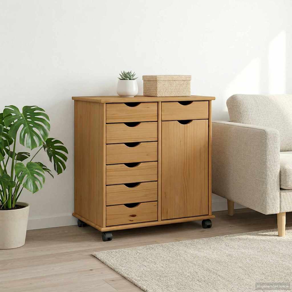 Rolling Cabinet 63.5 x 39 x 65.5 cm Solid Pine Wood Honey Brown