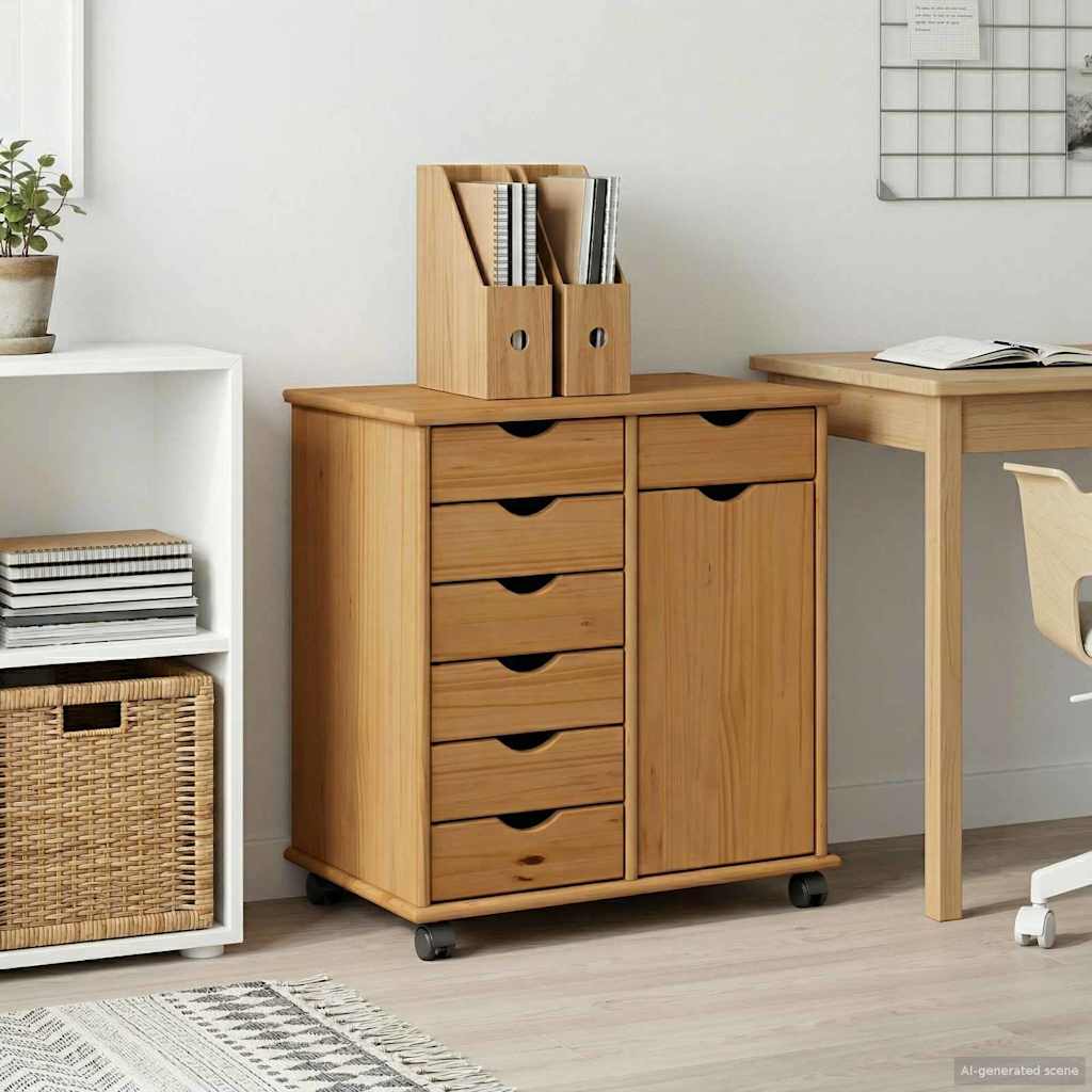 Rolling Cabinet 63.5 x 39 x 65.5 cm Solid Pine Wood Honey Brown