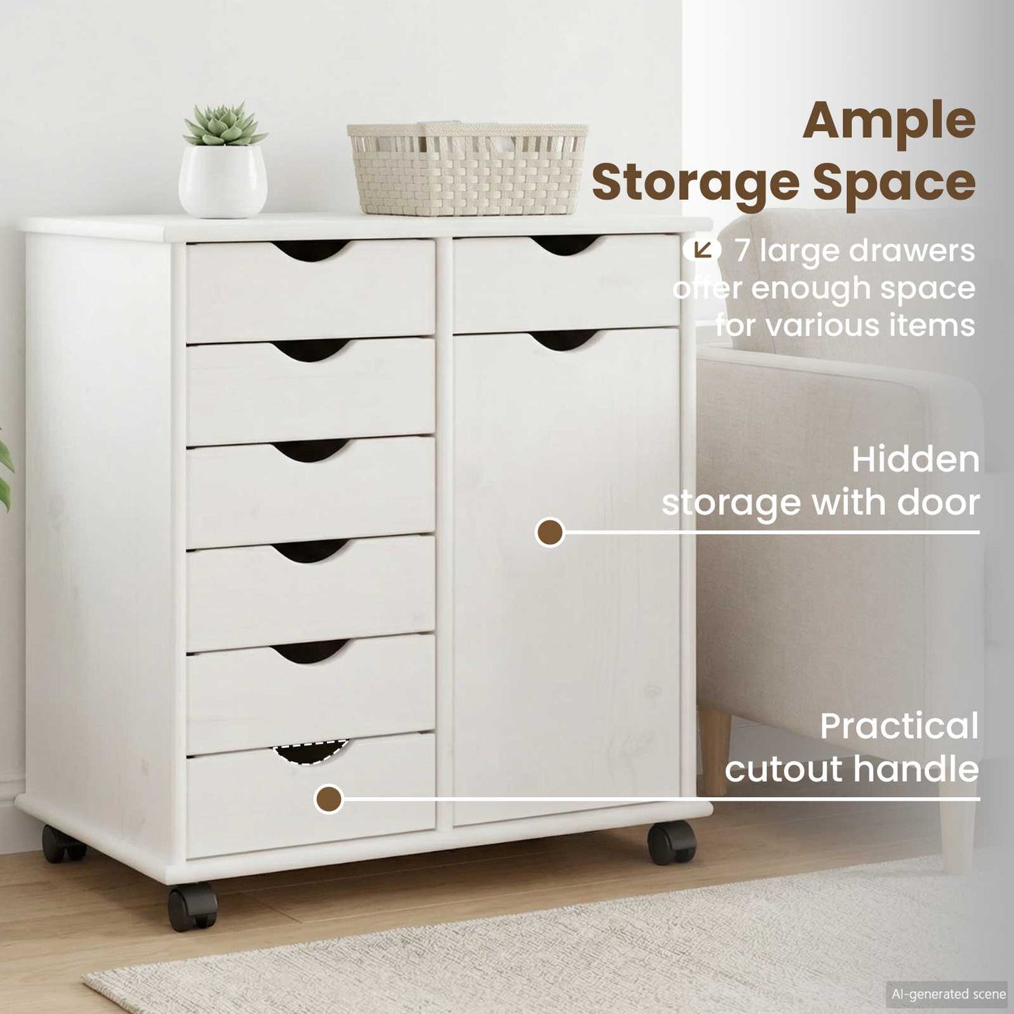 Rolling Cabinet White 63.5 x 39 x 65.5 cm Solid Pine Wood