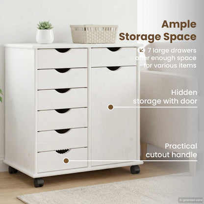 Rolling Cabinet White 63.5 x 39 x 65.5 cm Solid Pine Wood