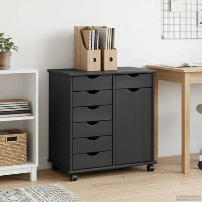 Rolling Cabinet 63.5 x 39 x 65.5 cm Solid Pine Wood Grey
