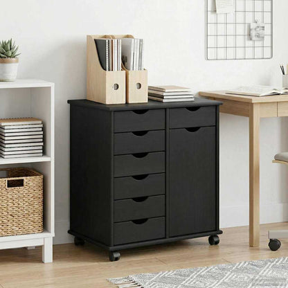 Rolling Cabinet 63.5 x 39 x 65.5 cm Solid Pine Wood Black