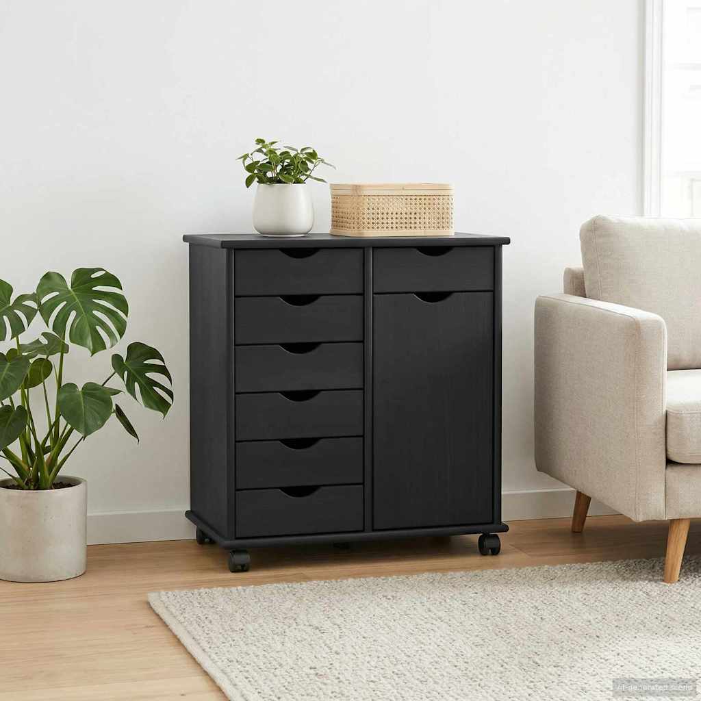 Rolling Cabinet 63.5 x 39 x 65.5 cm Solid Pine Wood Black