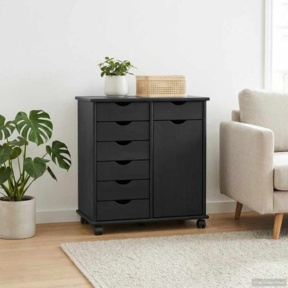 Rolling Cabinet 63.5 x 39 x 65.5 cm Solid Pine Wood Black