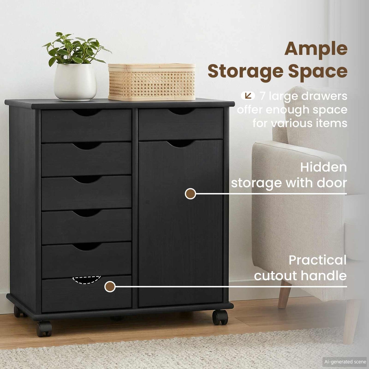 Rolling Cabinet Black 63.5 x 39 x 65.5 cm Solid Pine Wood