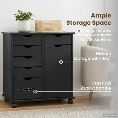 Rolling Cabinet Black 63.5 x 39 x 65.5 cm Solid Pine Wood