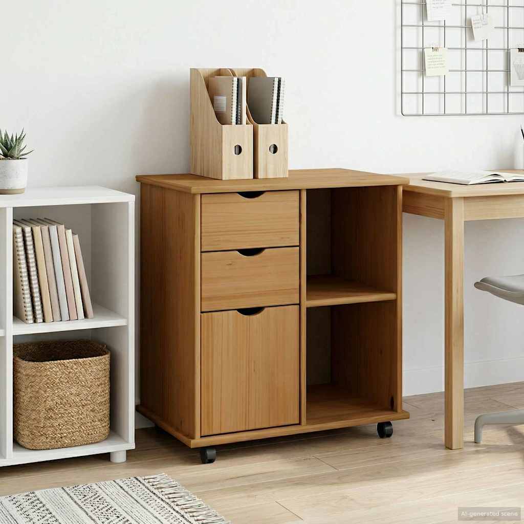 Rolling Cabinet 63.5 x 39 x 65.5 cm Solid Pine Wood Honey Brown