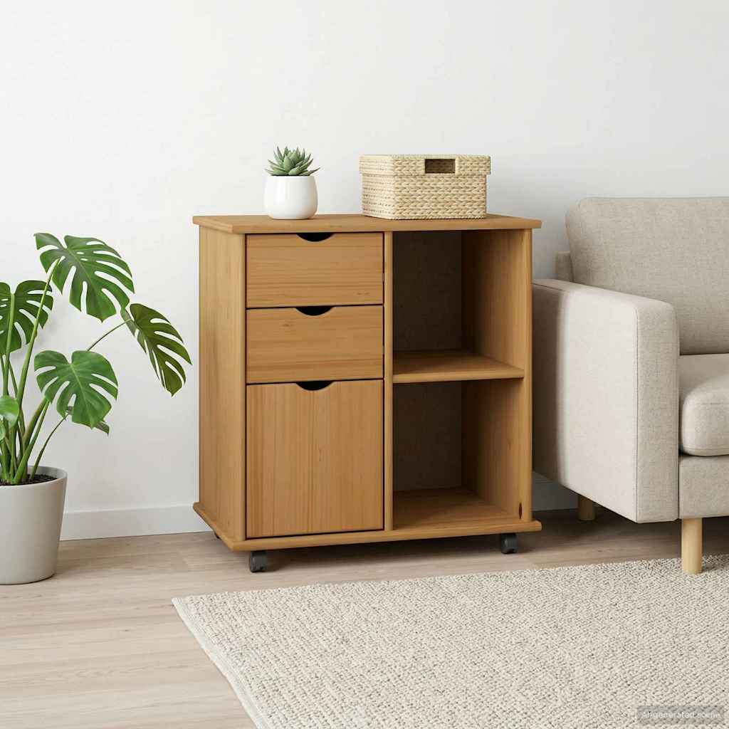 Rolling Cabinet 63.5 x 39 x 65.5 cm Solid Pine Wood Honey Brown