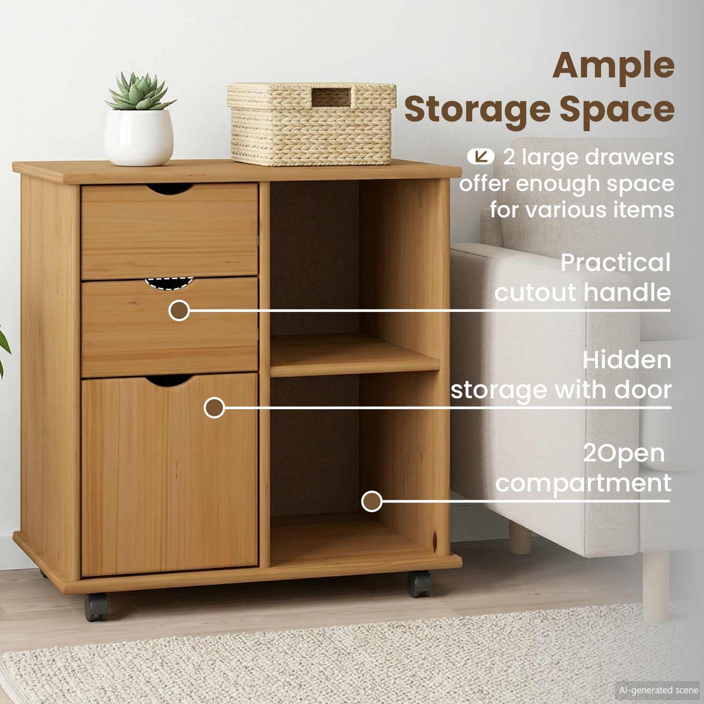 Rolling Cabinet Honey Brown 63.5 x 39 x 65.5 cm Solid Pine Wood