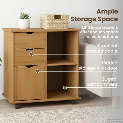 Rolling Cabinet Honey Brown 63.5 x 39 x 65.5 cm Solid Pine Wood