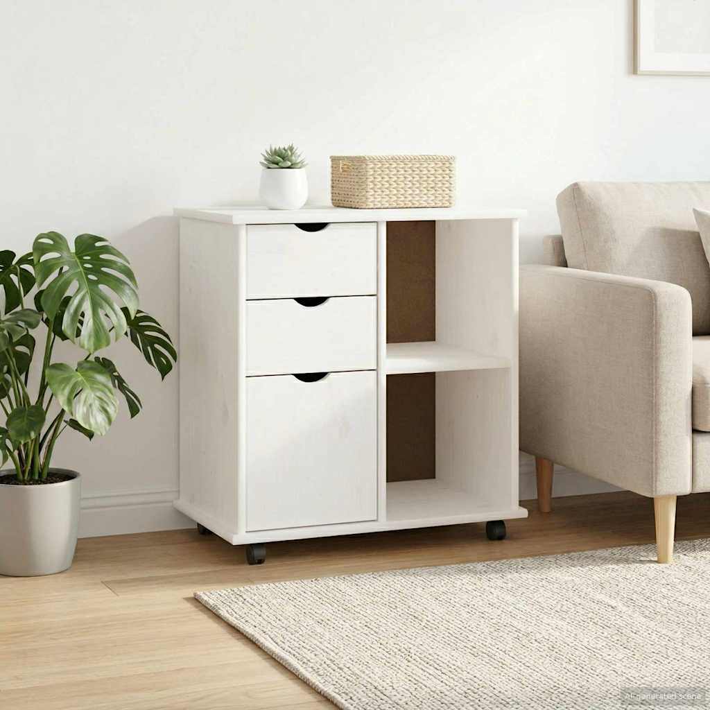 Rolling Cabinet 63.5 x 39 x 65.5 cm Solid Pine Wood White