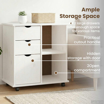 Rolling Cabinet White 63.5 x 39 x 65.5 cm Solid Pine Wood