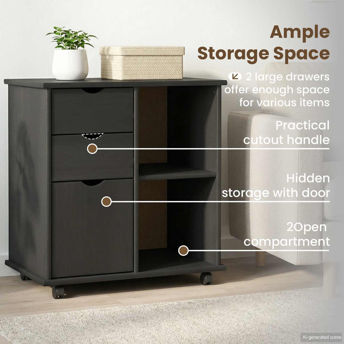 Rolling Cabinet Grey 63.5 x 39 x 65.5 cm Solid Pine Wood