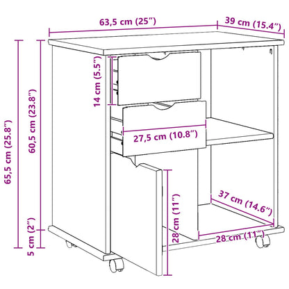 Rolling Cabinet Grey 63.5 x 39 x 65.5 cm Solid Pine Wood