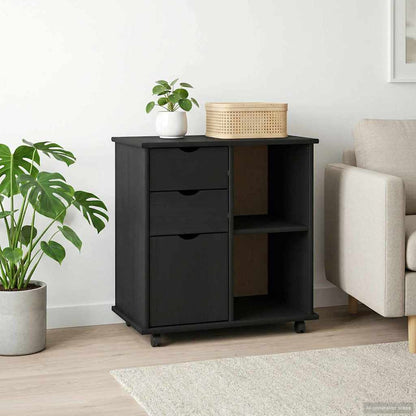 Rolling Cabinet 63.5 x 39 x 65.5 cm Solid Pine Wood Black