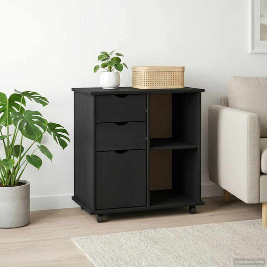 Rolling Cabinet 63.5 x 39 x 65.5 cm Solid Pine Wood Black