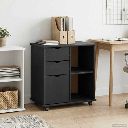 Rolling Cabinet 63.5 x 39 x 65.5 cm Solid Pine Wood Black