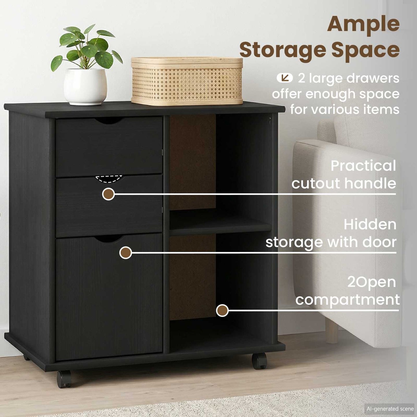 Rolling Cabinet Black 63.5 x 39 x 65.5 cm Solid Pine Wood