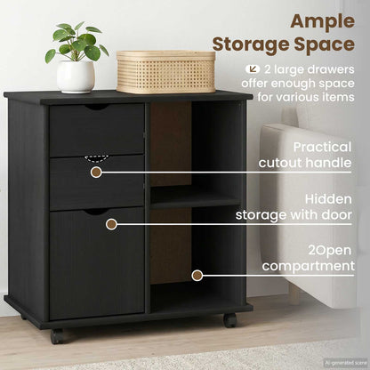 Rolling Cabinet Black 63.5 x 39 x 65.5 cm Solid Pine Wood