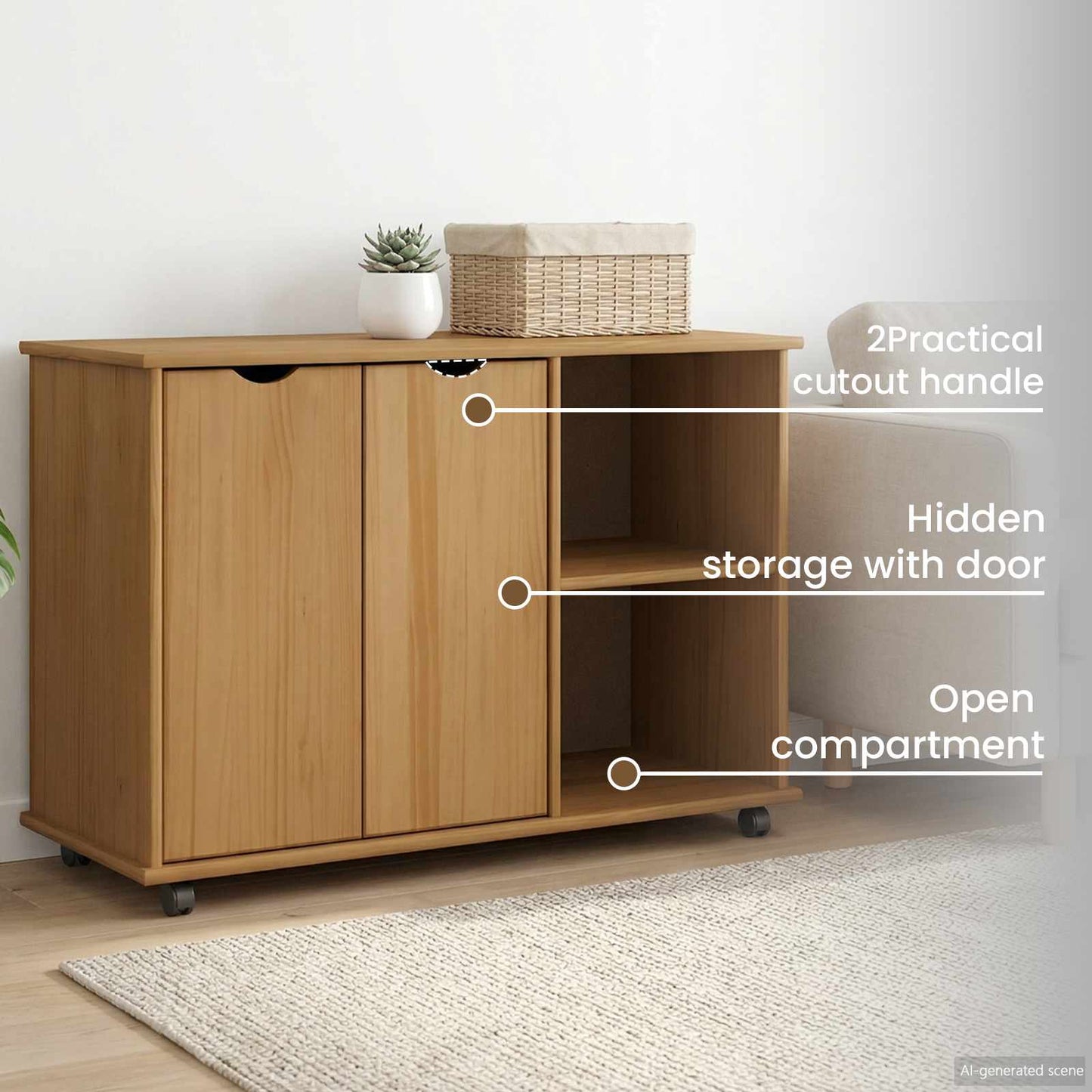 Rolling Cabinet Honey Brown 100 x 39 x 65.5 cm Solid Pine Wood