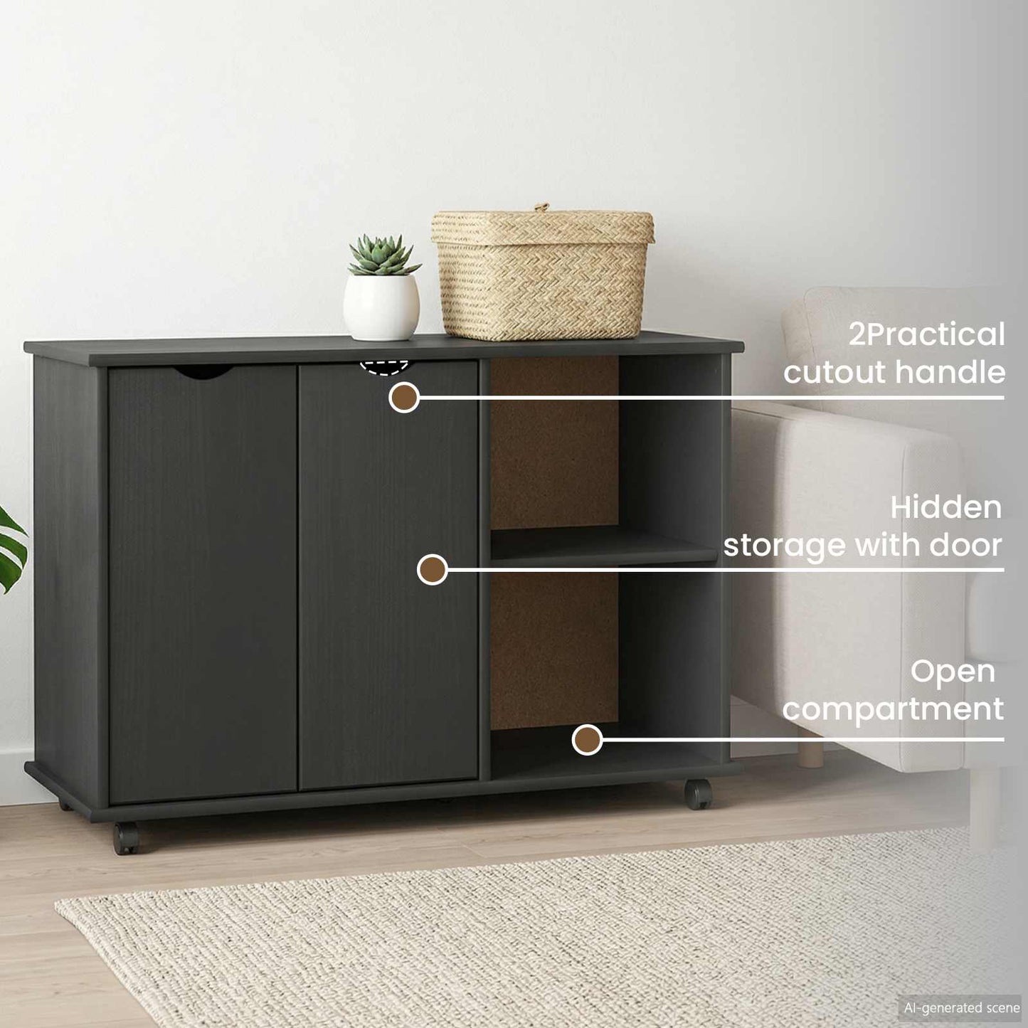 Rolling Cabinet Grey 100 x 39 x 65.5 cm Solid Pine Wood