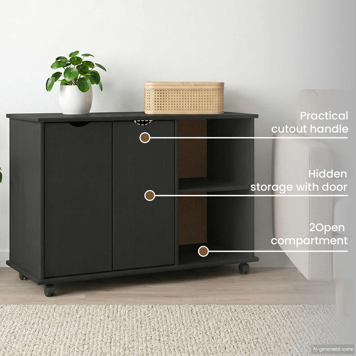 Rolling Cabinet Black 100 x 39 x 65.5 cm Solid Pine Wood