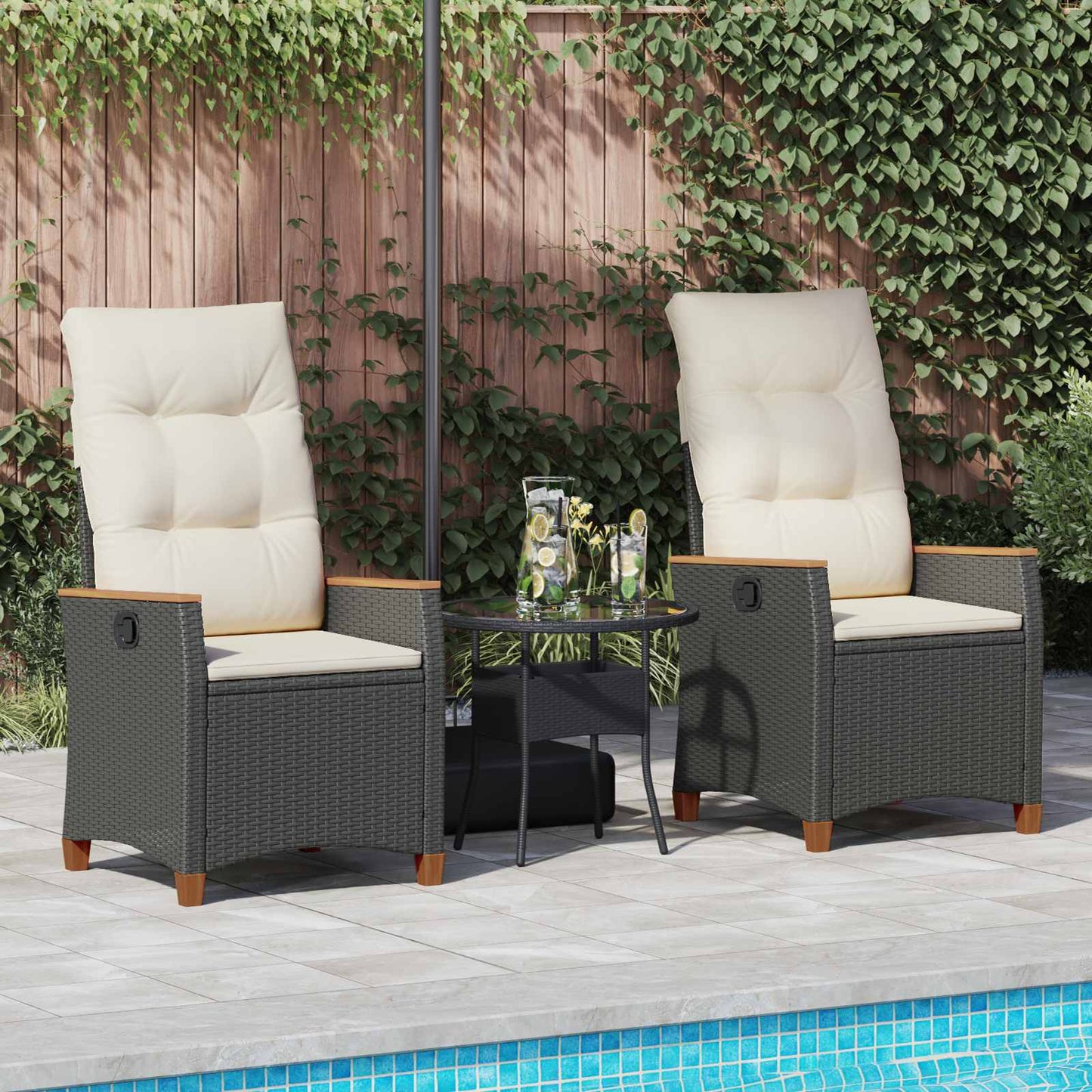 Reclining Garden Chair Black and Cream 25.20 x 22.64 x 44.09 in
