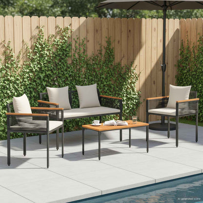 Outdoor Furniture Set Black and Cream White Poly Rattan