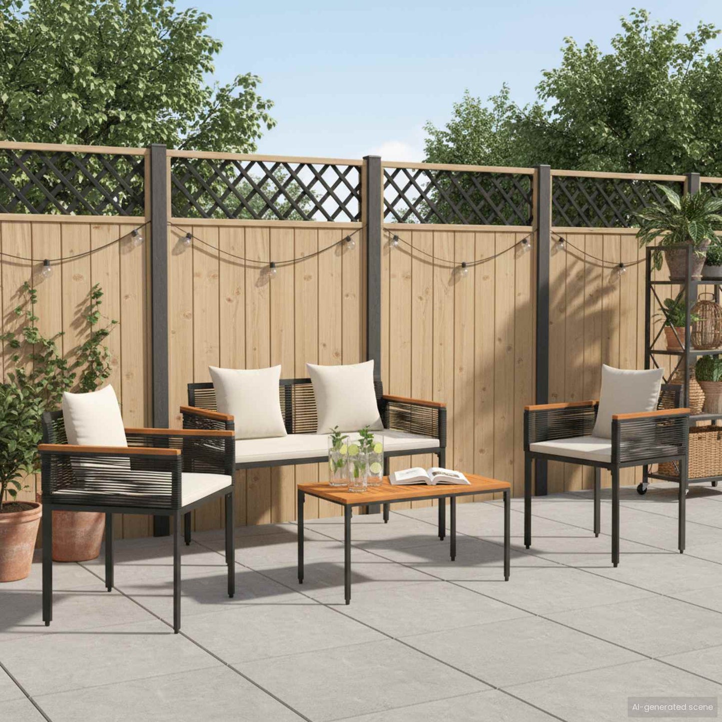 Outdoor Furniture Set Black and Cream White Poly Rattan