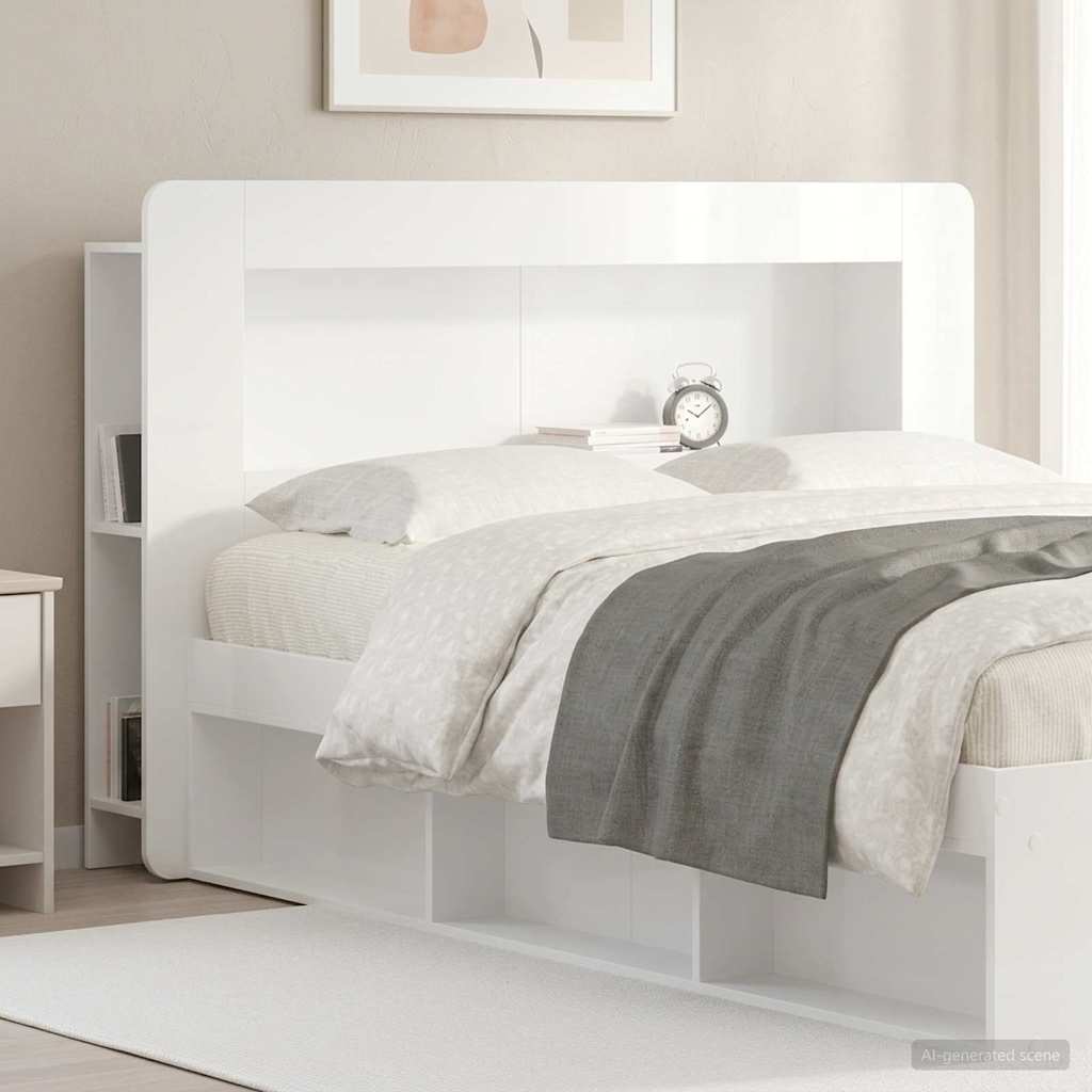 Headboard Cabinet with Storage High Gloss White Engineered Wood