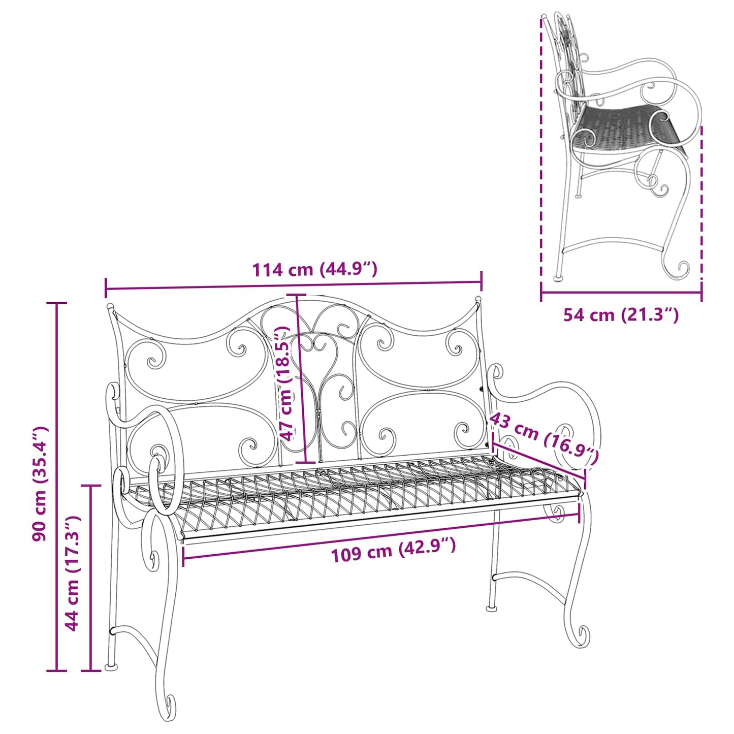 Garden Bench 2-Seater 114 x 56.5 x 90 cm Steel Black