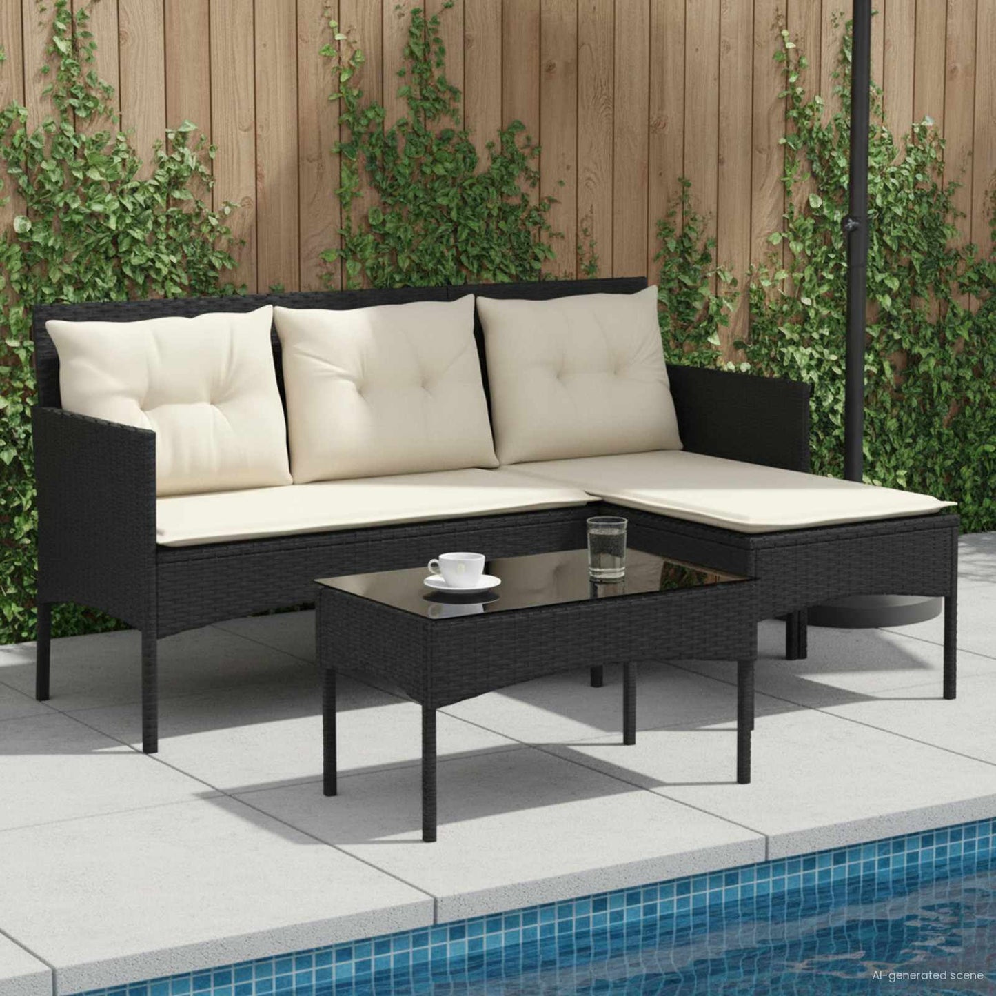 Garden Sofa Set with Cushion 2 pcs Black and Cream Poly Rattan