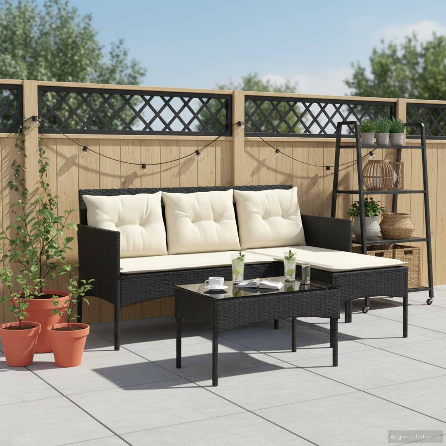 Garden Sofa Set with Cushion 2 pcs Black and Cream Poly Rattan
