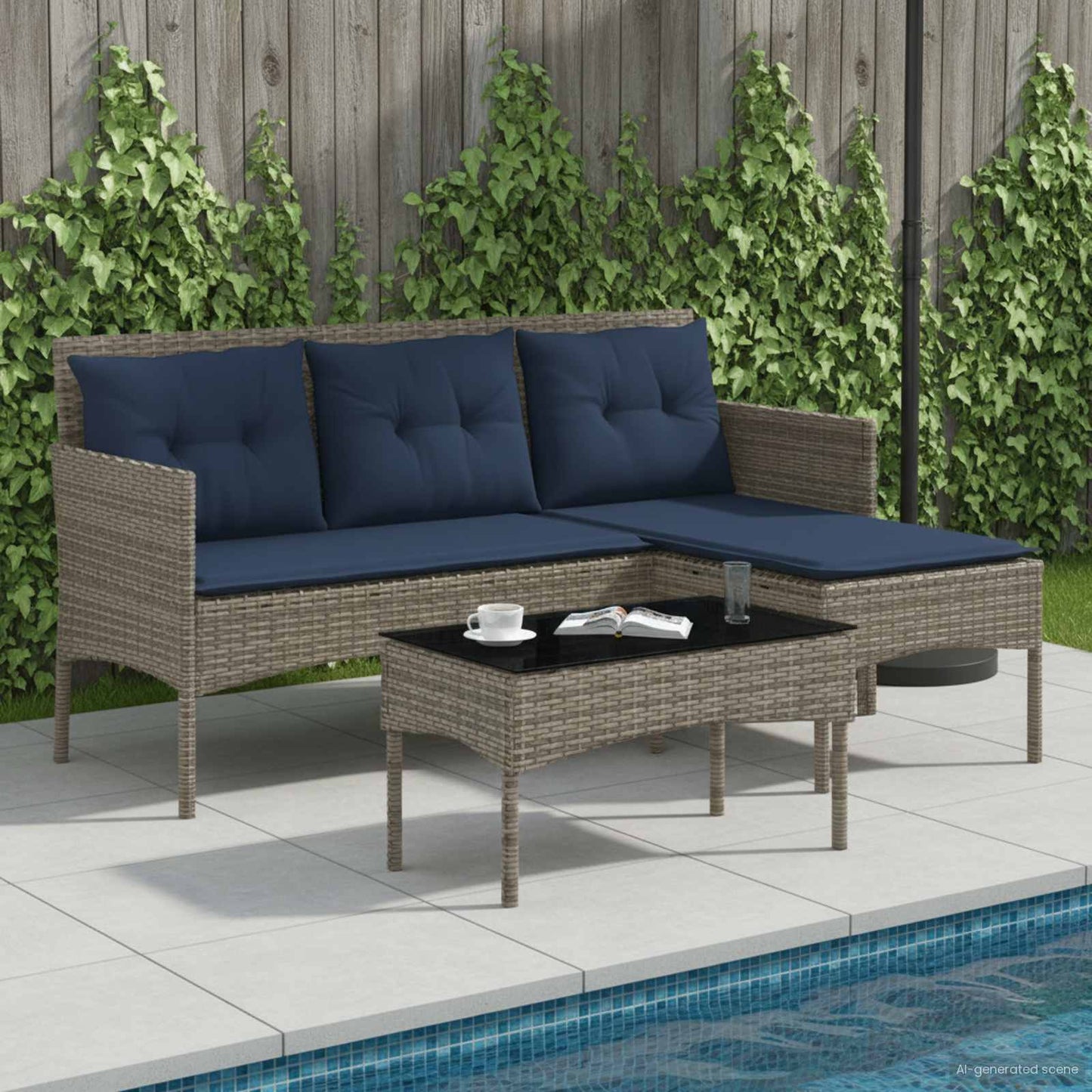Garden Sofa Set 2 pcs Grey and Navy Blue Poly Rattan