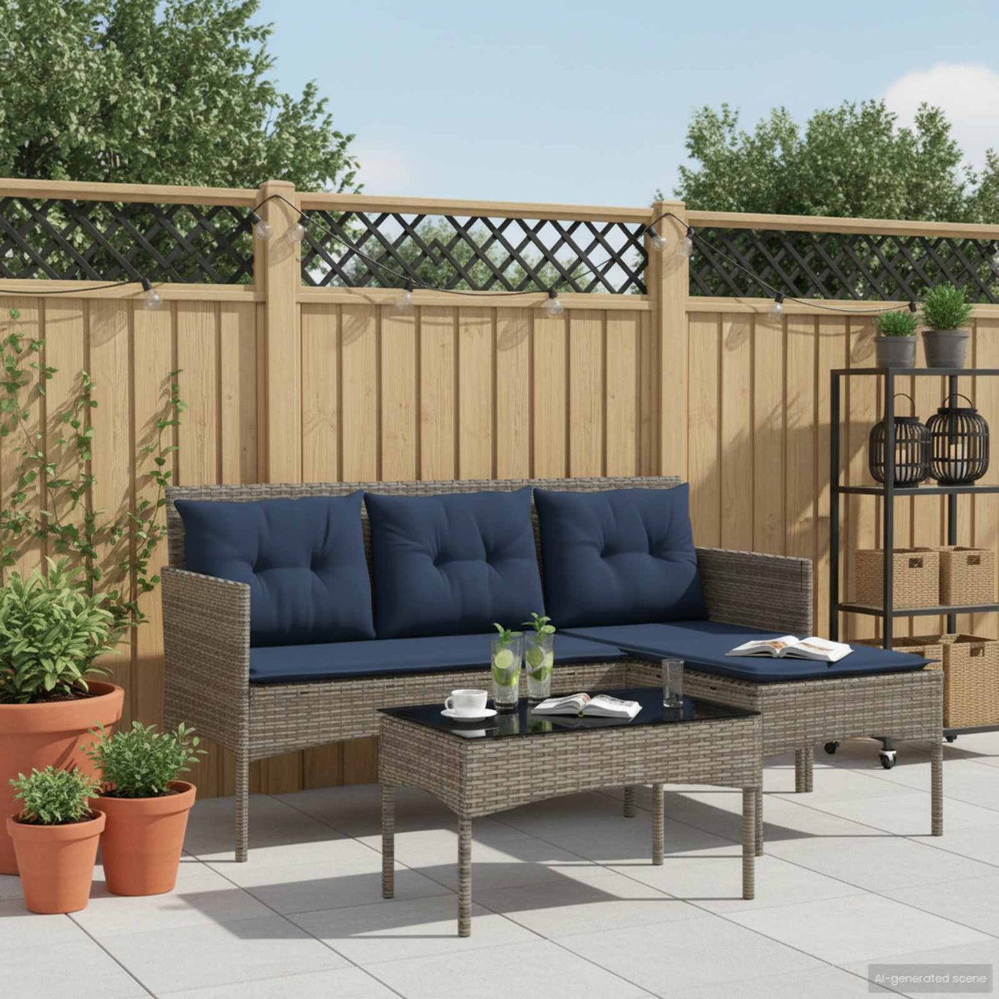 Garden Sofa Set 2 pcs Grey and Navy Blue Poly Rattan
