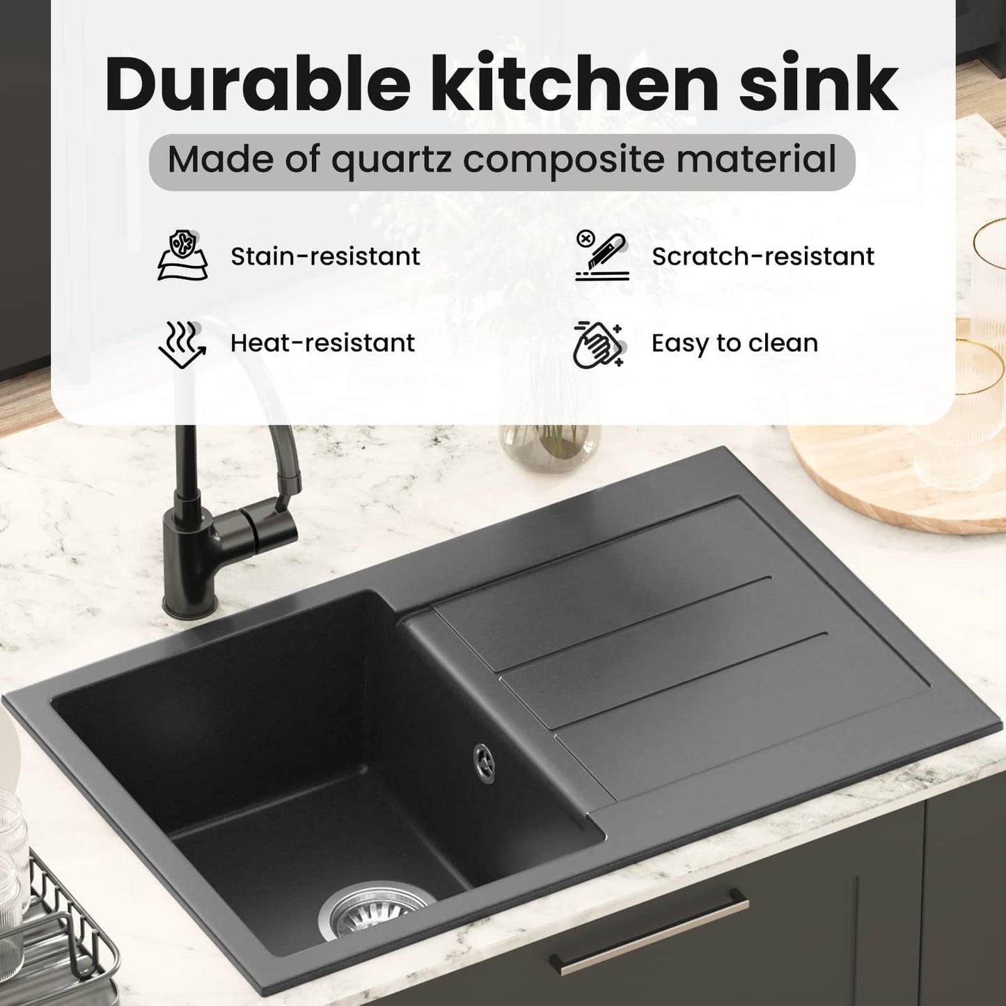 Sink Black 780 x 500 mm 80% Quartz and 20% Resin