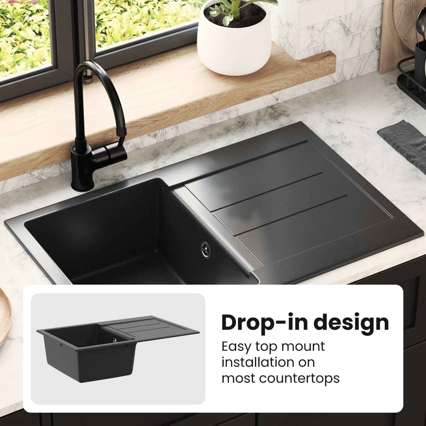Sink Black 780 x 500 mm 80% Quartz and 20% Resin