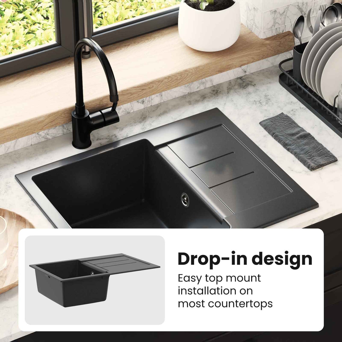 Sink Black 620 x 500 mm 80% Quartz and 20% Resin