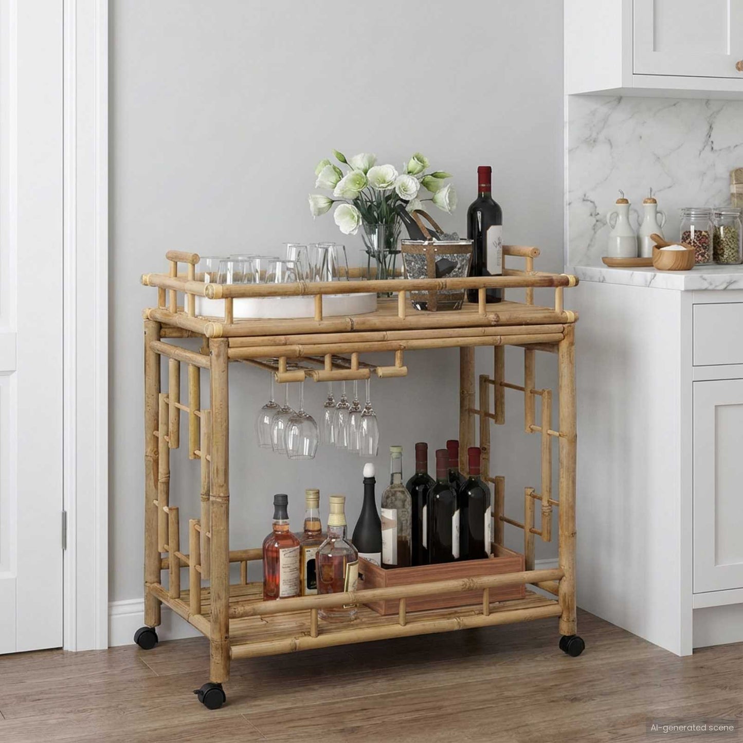 Wine Trolley with Wheels Natural 33.46 x 19.69 x 36.61 in
