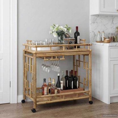 Wine Trolley with Wheels Natural 33.46 x 19.69 x 36.61 in