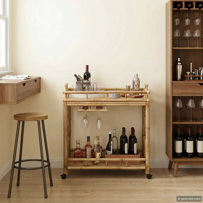 Wine Trolley with Wheels Natural 33.46 x 19.69 x 36.61 in
