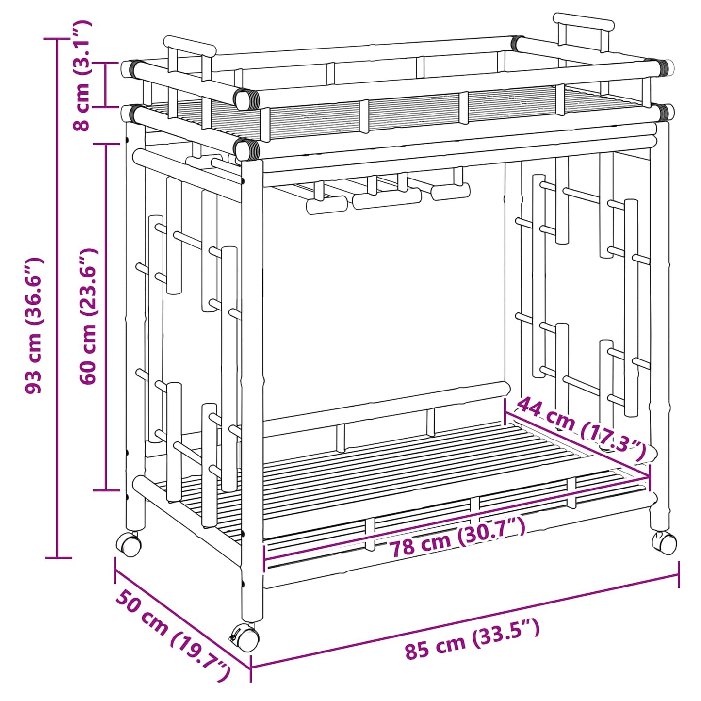 Wine Trolley with Wheels Natural 33.46 x 19.69 x 36.61 in