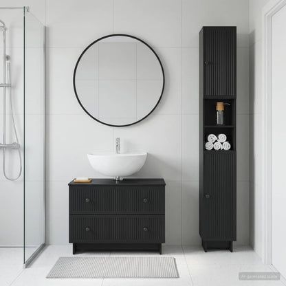 2 Piece Bathroom Cabinet Set EDE Black Engineered Wood