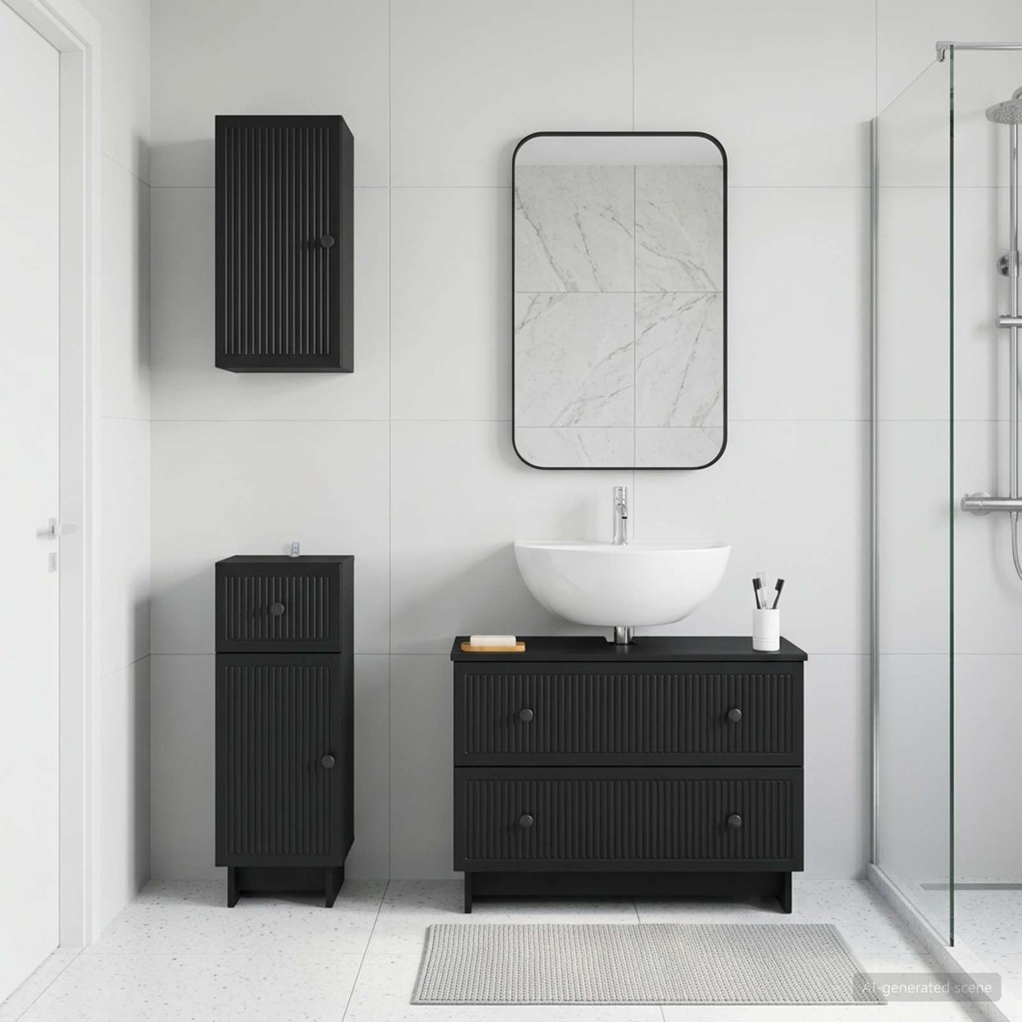 3 Piece Bathroom Cabinet Set EDE Black Engineered Wood
